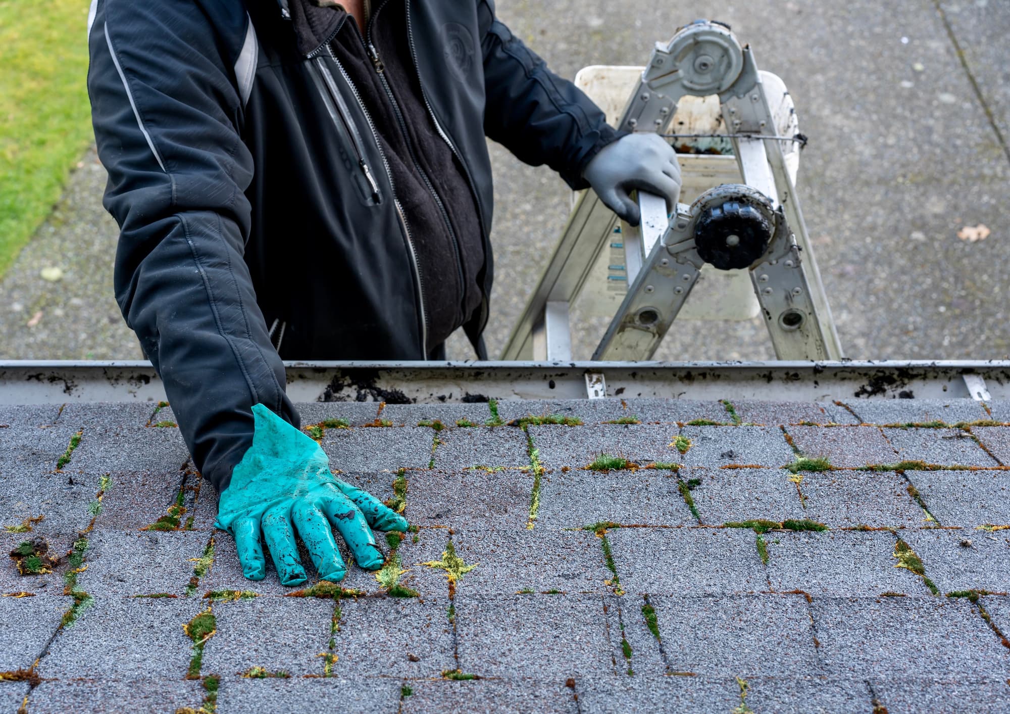 A roof being repaired by a roofing contractor on a ladder.