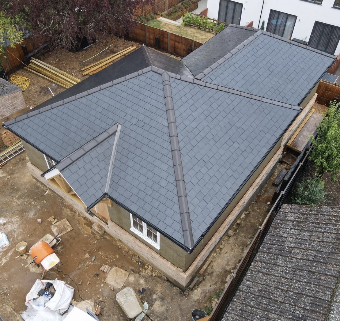 A drone photo of a roof replacement.